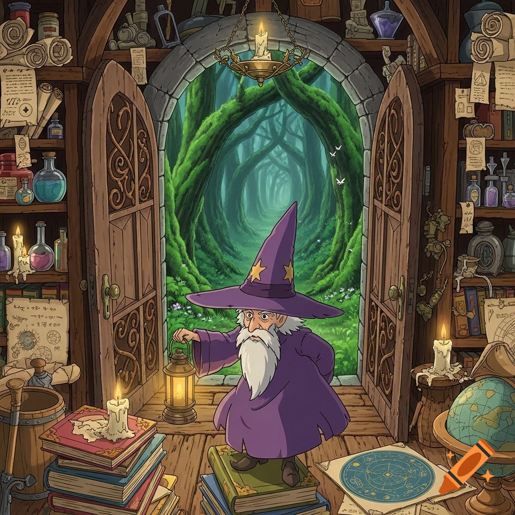A small wizard in a purple hat and robes holds a lantern, looking from his cluttered study into a magical Studio Ghibli forest.