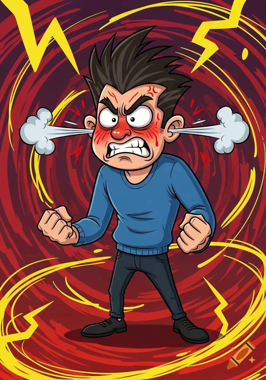 An intensely angry cartoon man with red cheeks and steam bursting from his ears, clenching his fists against a swirling red and yellow background with lightning bolts.