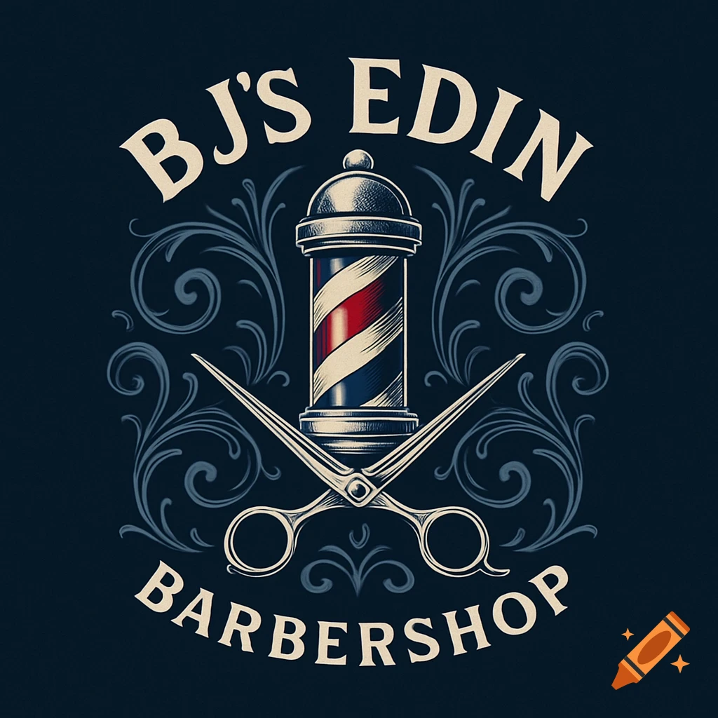Vintage barbershop logo featuring a classic barber pole, crossed scissors, and the text "BJ'S EDIN BARBERSHOP" on a dark blue background.