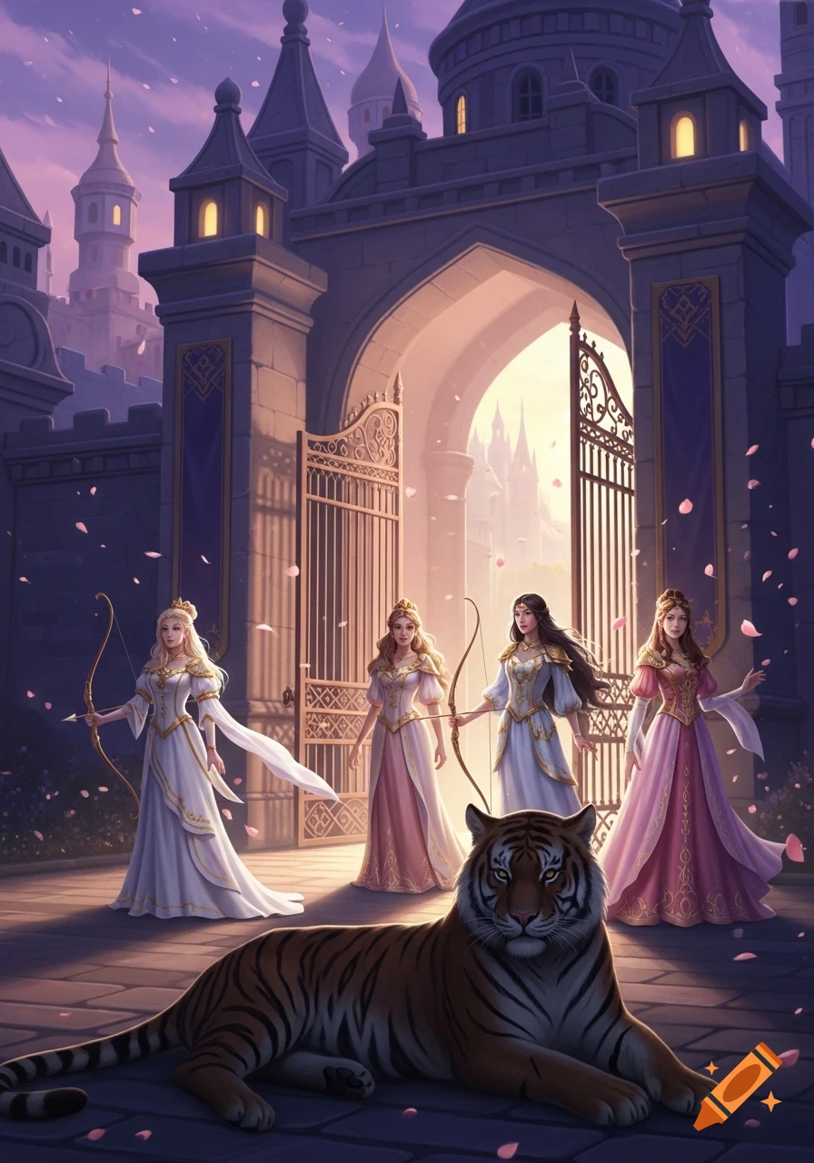 Four princesses with bows stand before a fantasy castle gate at twilight, with a tiger lying in the foreground and pink petals falling.