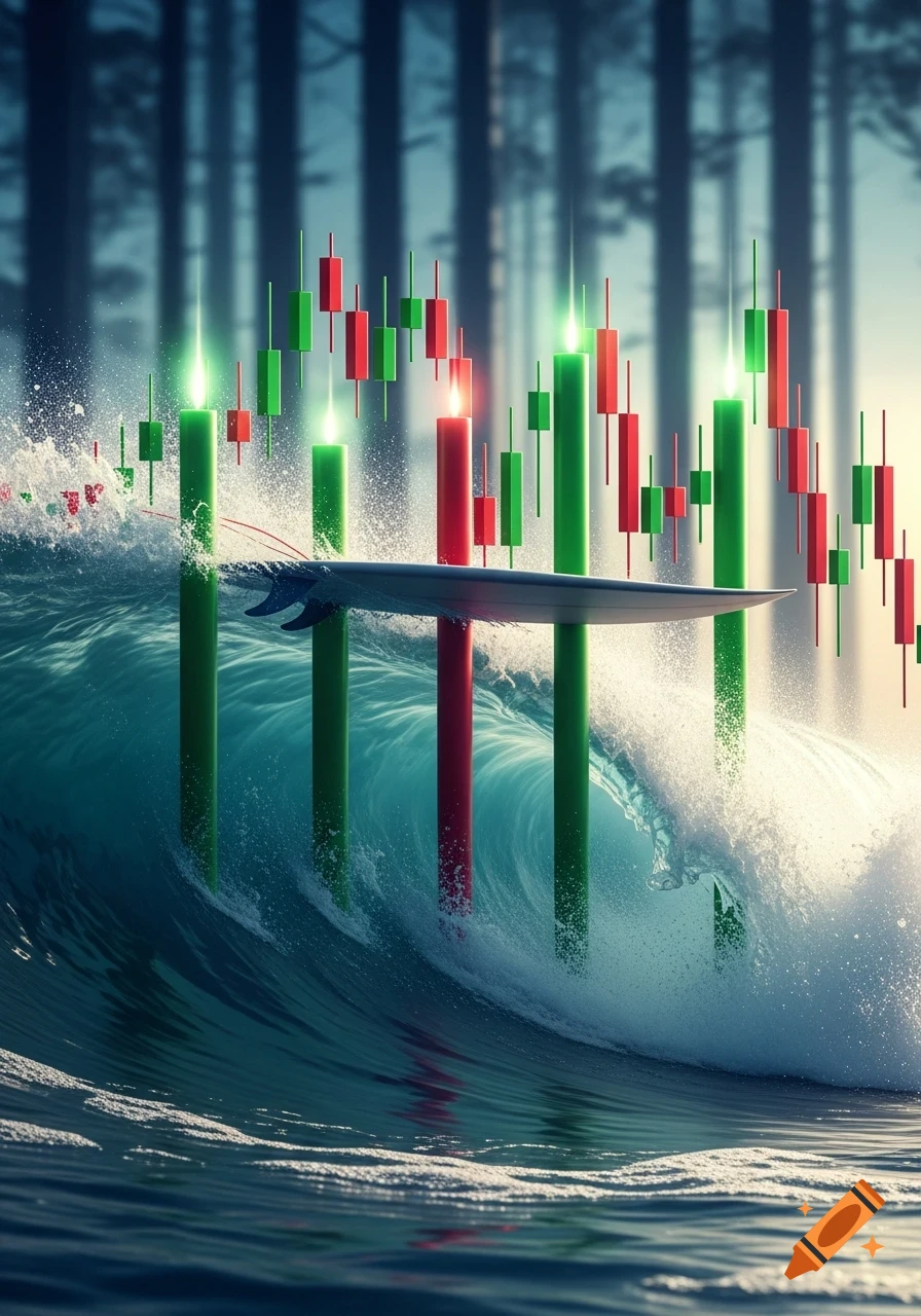 A surfboard surfs a large ocean wave composed of glowing green and red stock market candles forming a graph, with a blurred forest background.