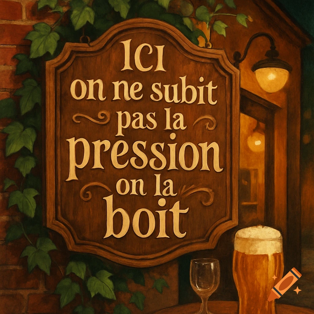 A rustic wooden sign outside a pub reads 'Ici on ne subit pas la pression, on la boit' with ivy and a beer.