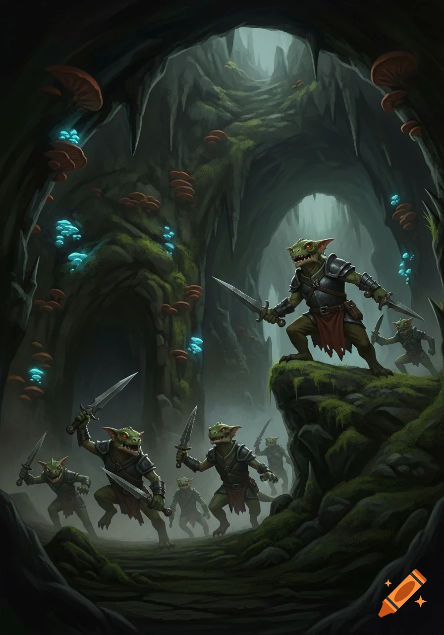 A group of armed goblins with swords emerge from a dark, mossy cave with glowing blue mushrooms, one standing on a rock.