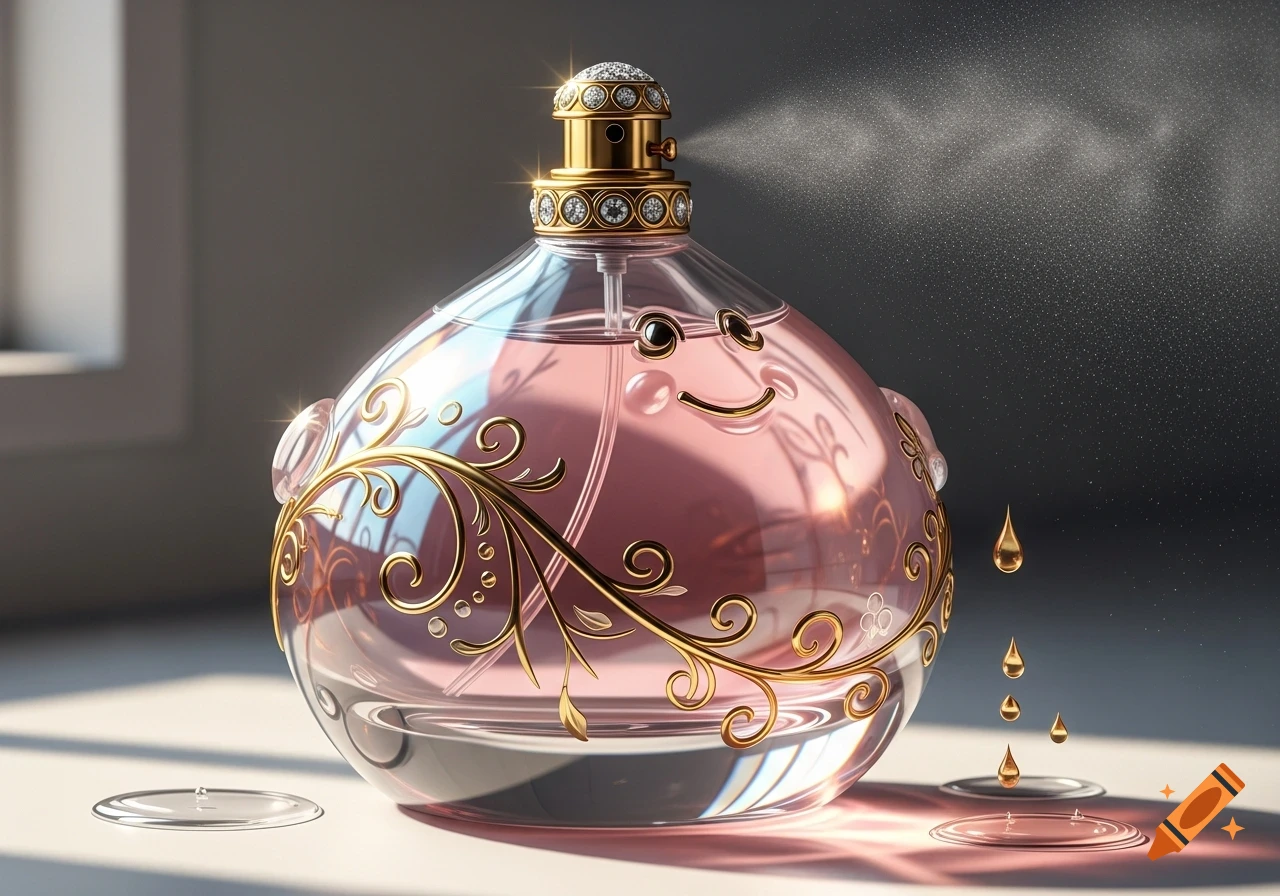 A decorative, clear glass perfume bottle filled with pink liquid, adorned with gold swirls and a smiling cartoon face, spraying mist.