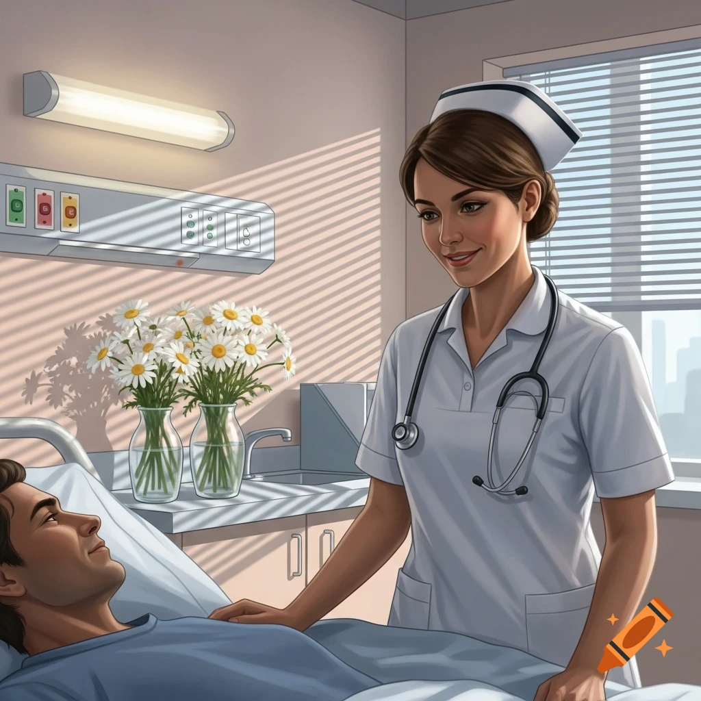 A kind nurse in a white uniform smiles down at a male patient lying in a hospital bed, with flowers and window blinds in the background.