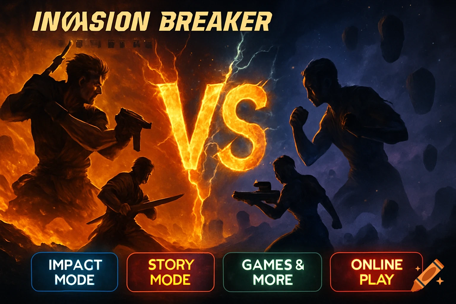 A fighting game home screen with two realms, a glowing 'VS' symbol, silhouetted fighters, and menu buttons like 'Impact Mode' and 'Online Play'. An epic concept art style.