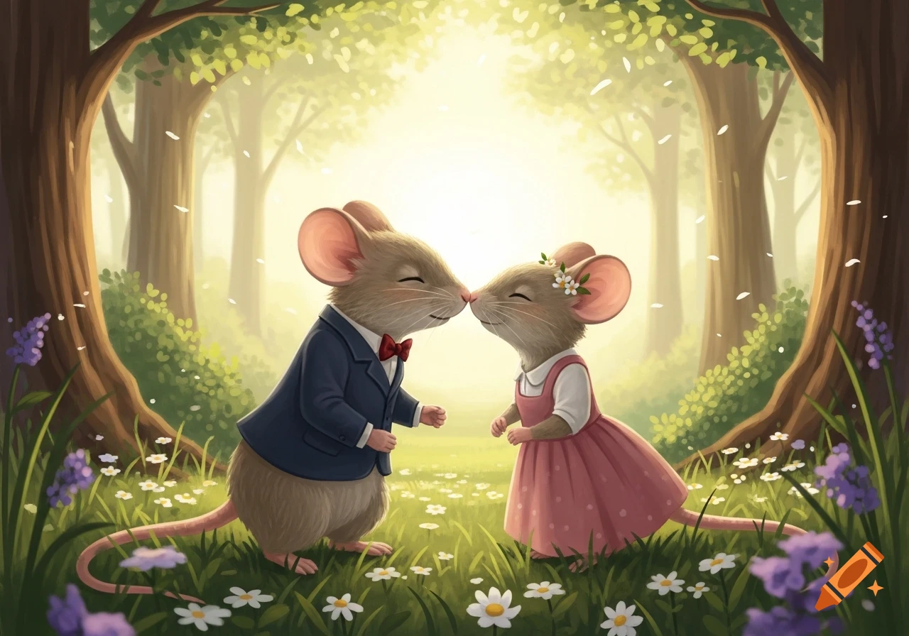 Two cartoon mice, dressed in formal wear, touch noses in a magical forest filled with wildflowers and glowing light.