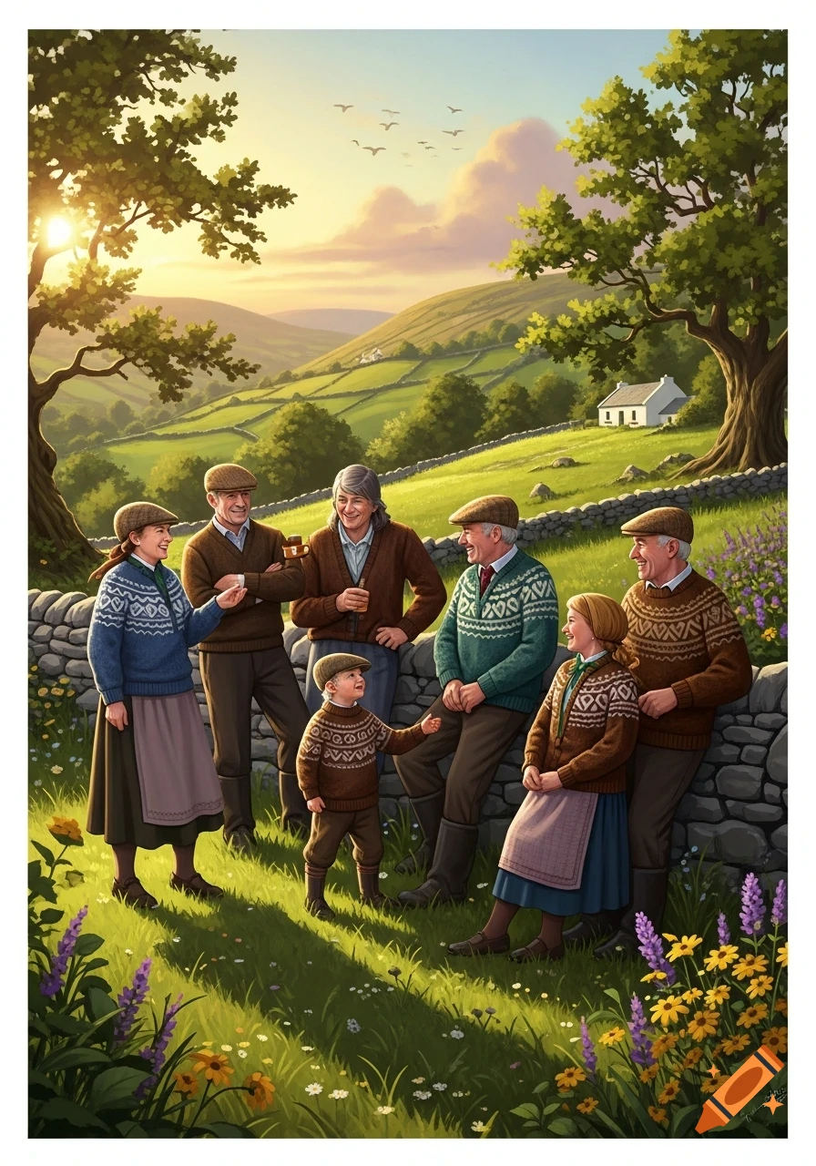 A multi-generational family in traditional Irish sweaters and flat caps stands by a stone wall in a lush green valley at sunset, in an illustrative style.