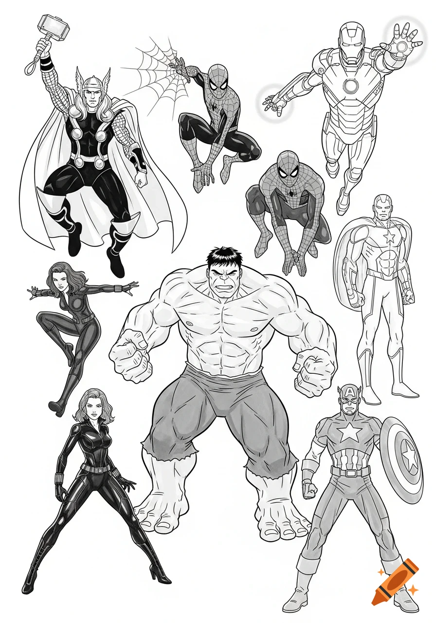 A black and white comic book style collage featuring Marvel superheroes including Thor, Spider-Man, Iron Man, Hulk, Black Widow, Vision, and Captain America.