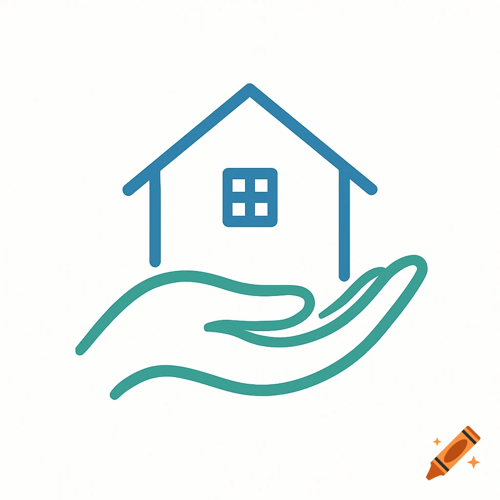 A simple line art logo featuring a blue house outline resting on an open green hand, on a white background.