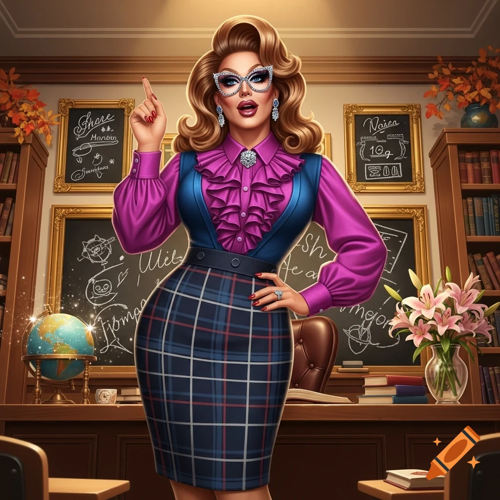 A stylized digital art image of a drag queen dressed as a teacher in a classroom, pointing a finger.