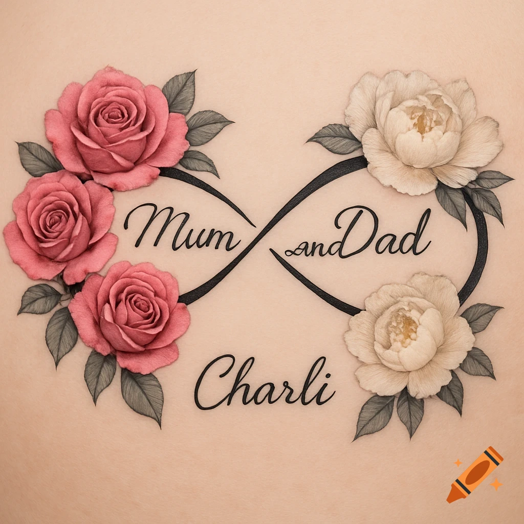 A tattoo design of an infinity loop with pink roses and white peonies, featuring the names Mum, Dad, and Charli.