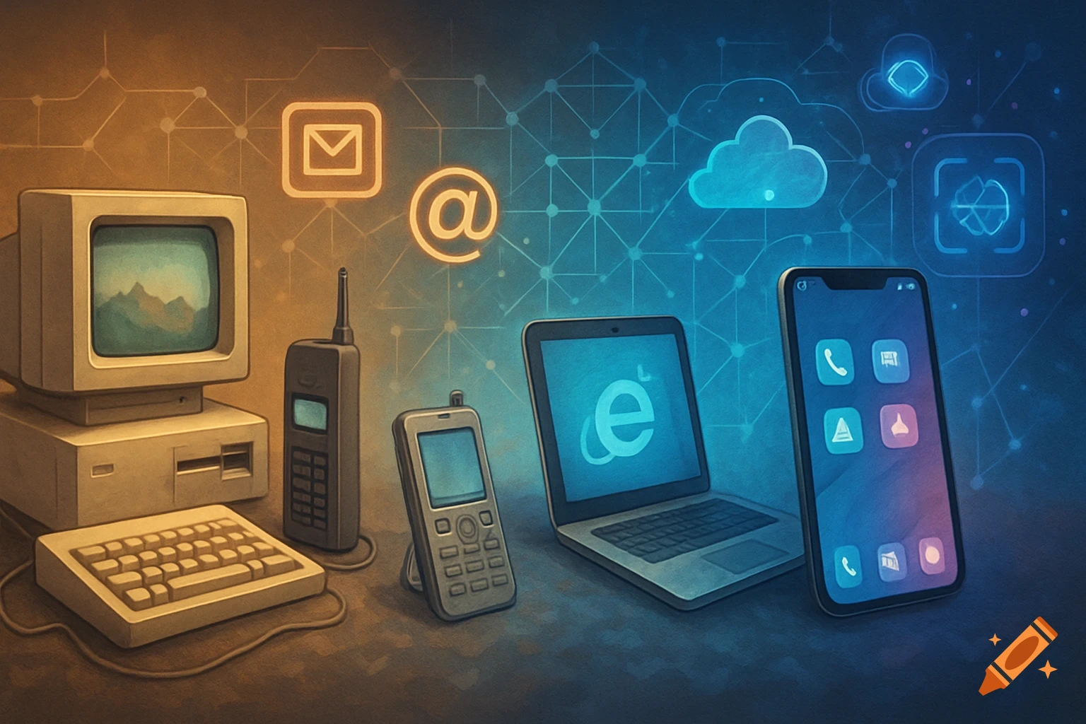 Artistic depiction of digital technology evolution, from vintage computers to modern smartphones, with network icons.