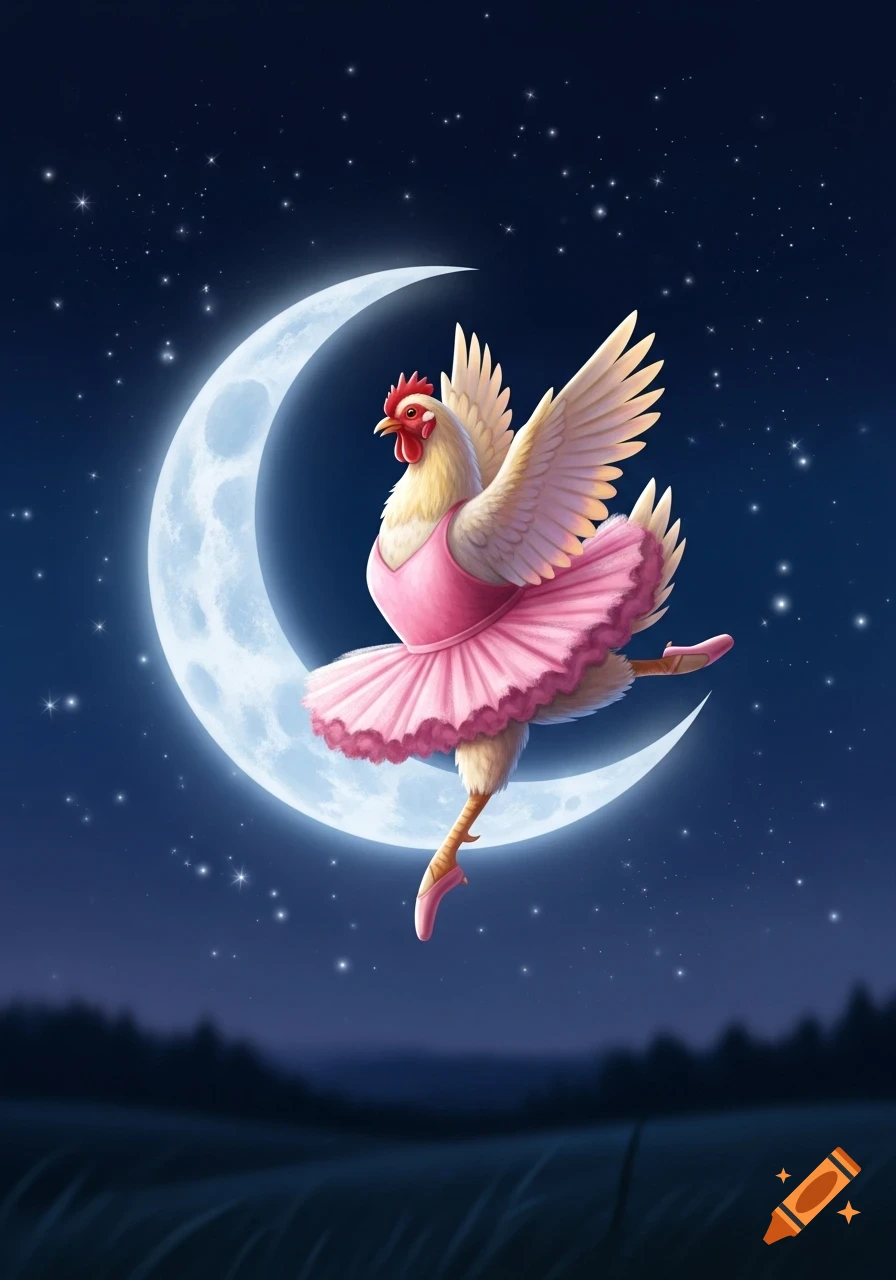 A chicken in a pink ballet tutu dances on a large crescent moon in a starry night sky, illustration.