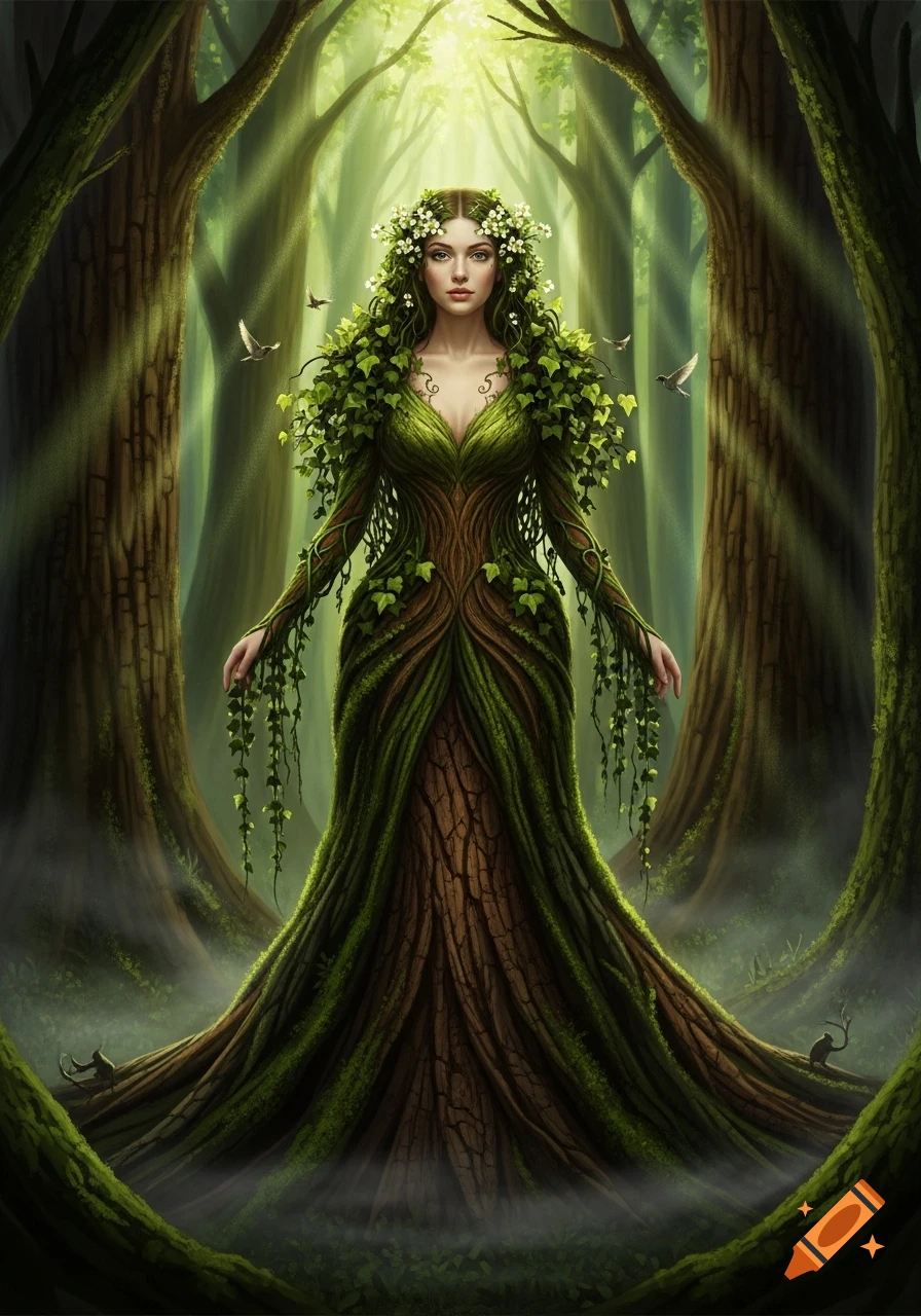 A beautiful woman in a dress made of leaves and tree bark, with a crown of white flowers, stands in a mystical forest with sun rays.