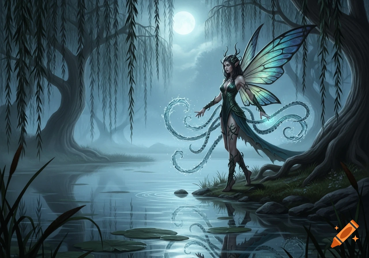 A female fairy with butterfly wings and horns stands by a moonlit lake, conjuring water tentacles in a misty fantasy forest with willow trees.