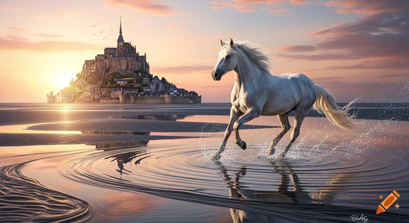 A majestic white horse gallops through shallow water on a sandy bay, with Mont Saint-Michel castle illuminated by a radiant sunset in the background.