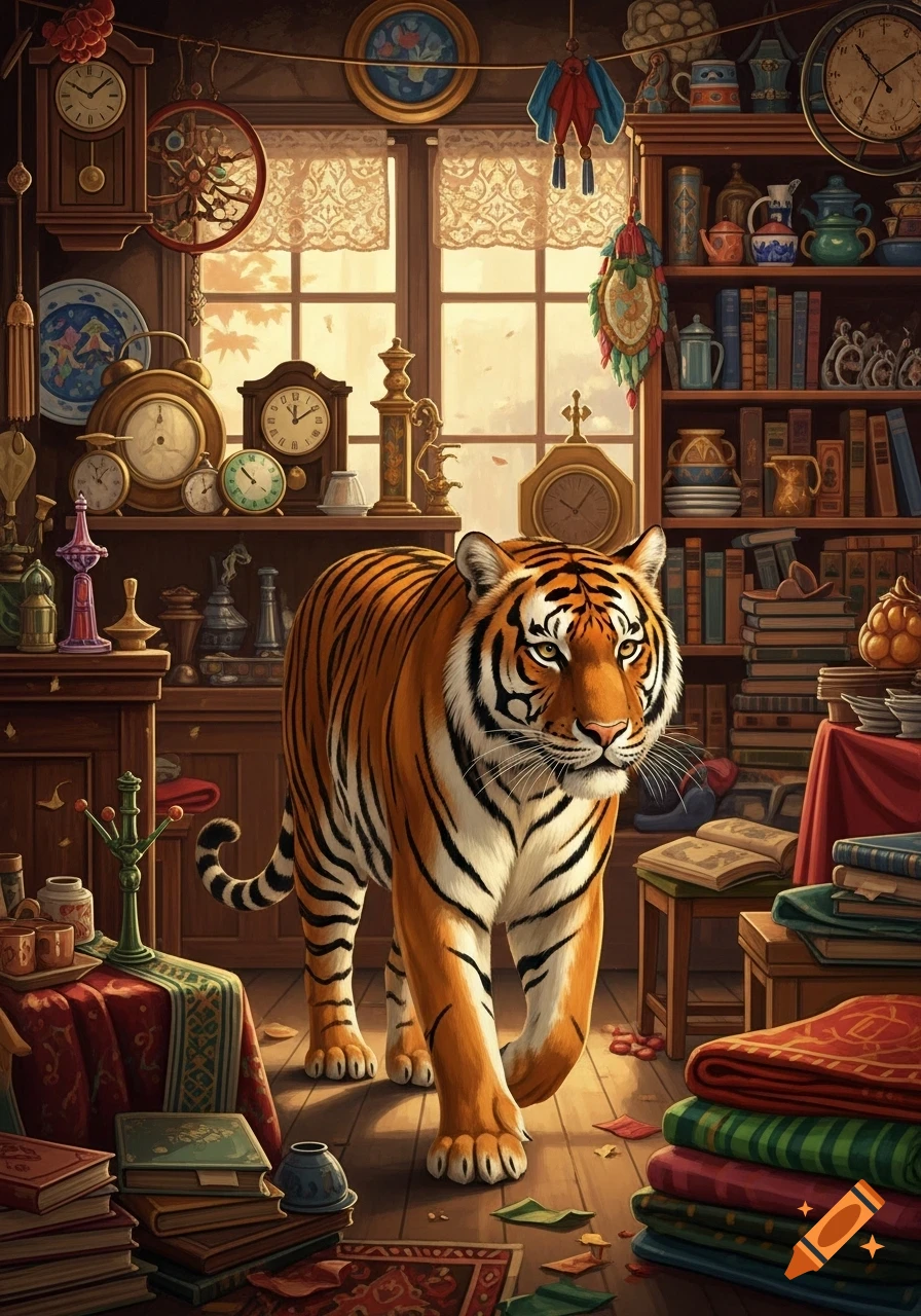 A realistic tiger walks through a cluttered antique shop filled with numerous clocks, books, and trinkets, with warm light from a window.