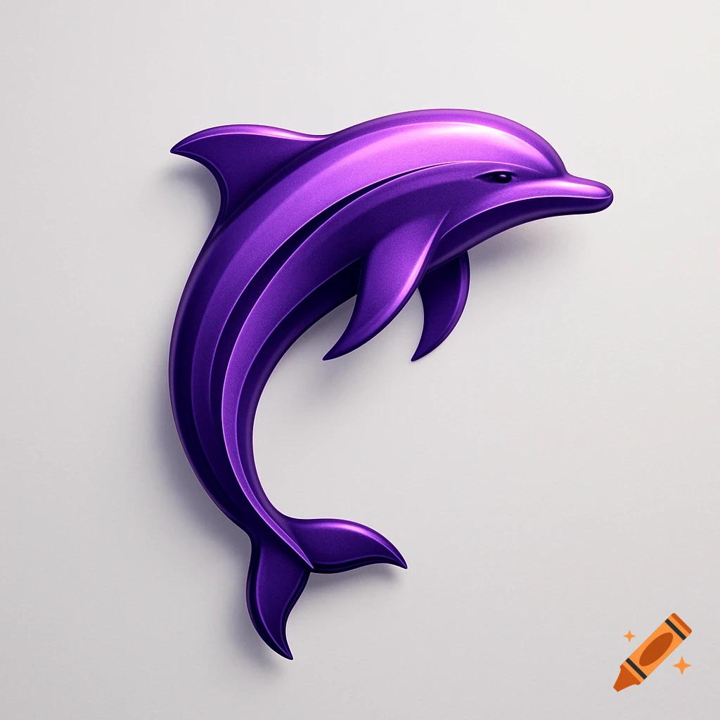 A stylized metallic purple dolphin logo with a 3D effect on a light background.