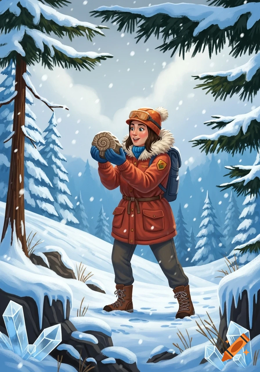 A happy cartoon explorer holds an ammonite fossil in a snowy forest with pine trees and ice crystals.