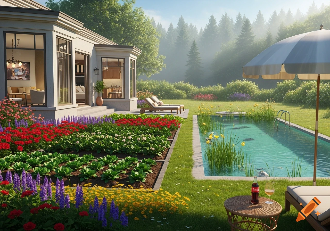 Luxurious house with a vibrant garden featuring red, purple, and yellow flowers, a natural pool, and a Coca-Cola bottle, set against a misty forest.