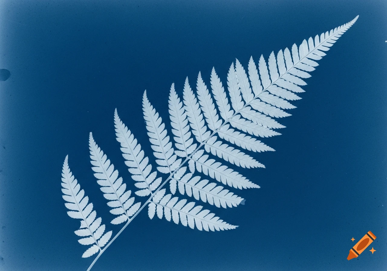 A white fern leaf against a deep blue background, rendered in the style of a cyanotype photogram.
