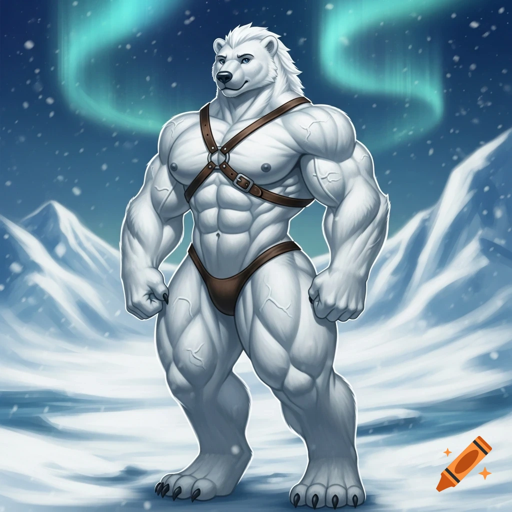 Muscular anthro polar bear in a harness and briefs stands in a snowy arctic landscape under the aurora borealis.