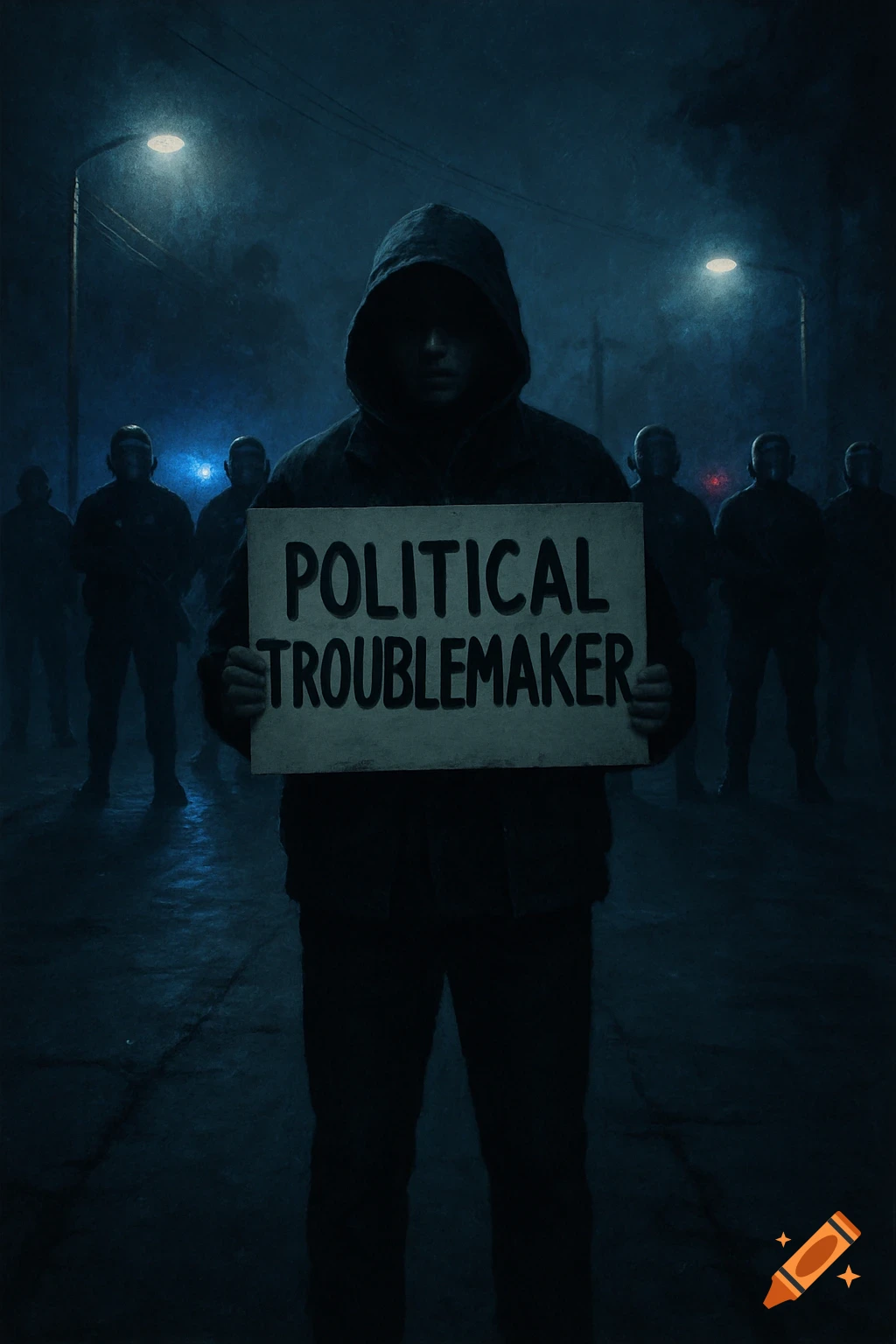 A hooded person holds a sign reading "Political Troublemaker" in a dark, moody night scene with police in the background.