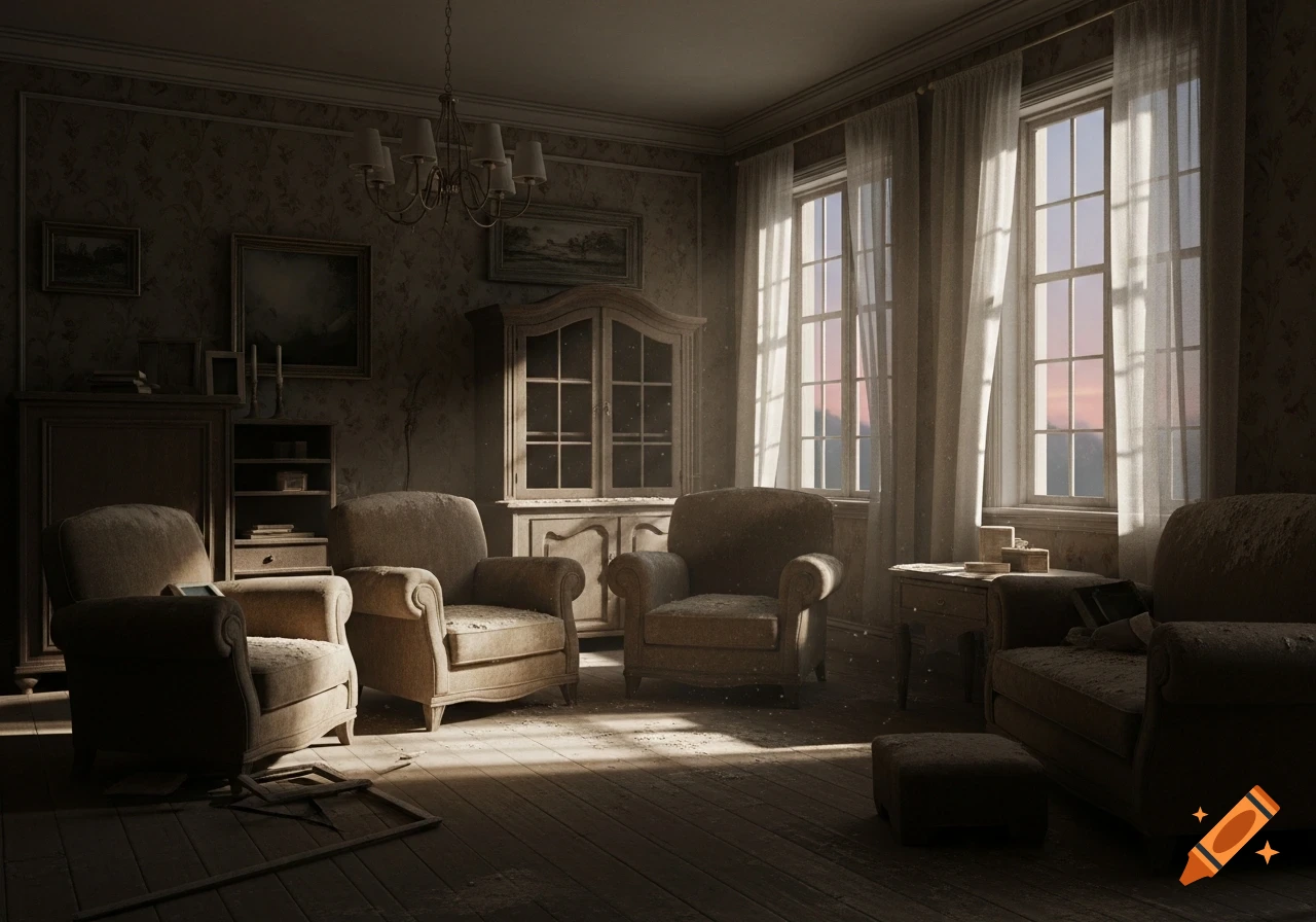 A dusty, sunlit liminal room with old armchairs, a hutch, and large windows with sheer curtains.