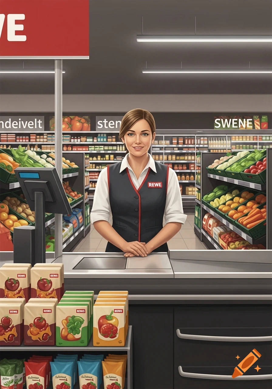 A friendly female cashier in a REWE uniform stands behind a checkout counter in a supermarket aisle filled with produce and products.