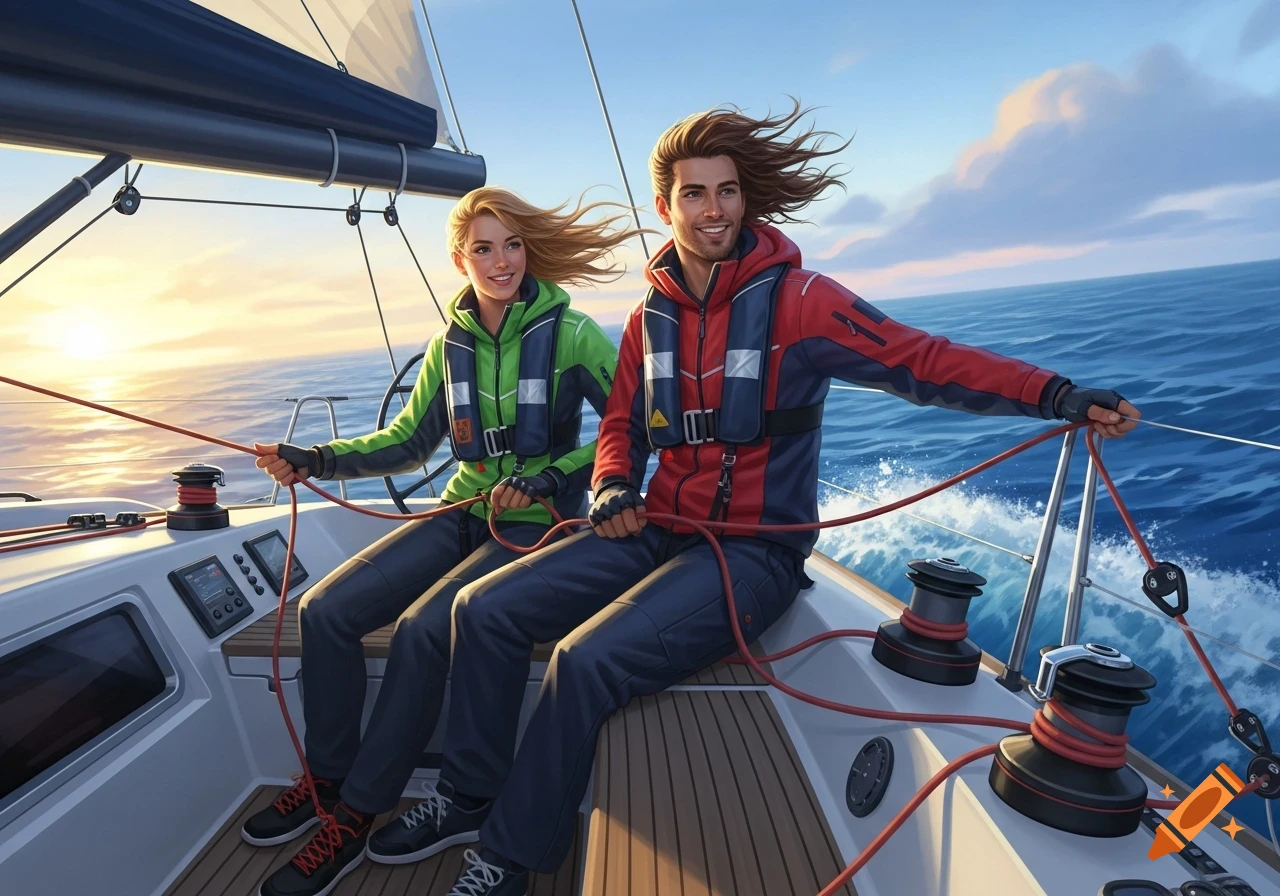 A young couple in life vests smiles while sailing on a boat at sunset, with choppy blue water and clear skies.