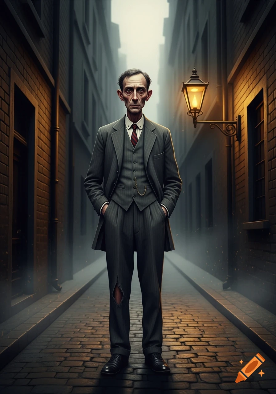 A gaunt, pale man in a pinstripe suit and torn pants stands in a dark, foggy 1920s alley under a gas lamp.