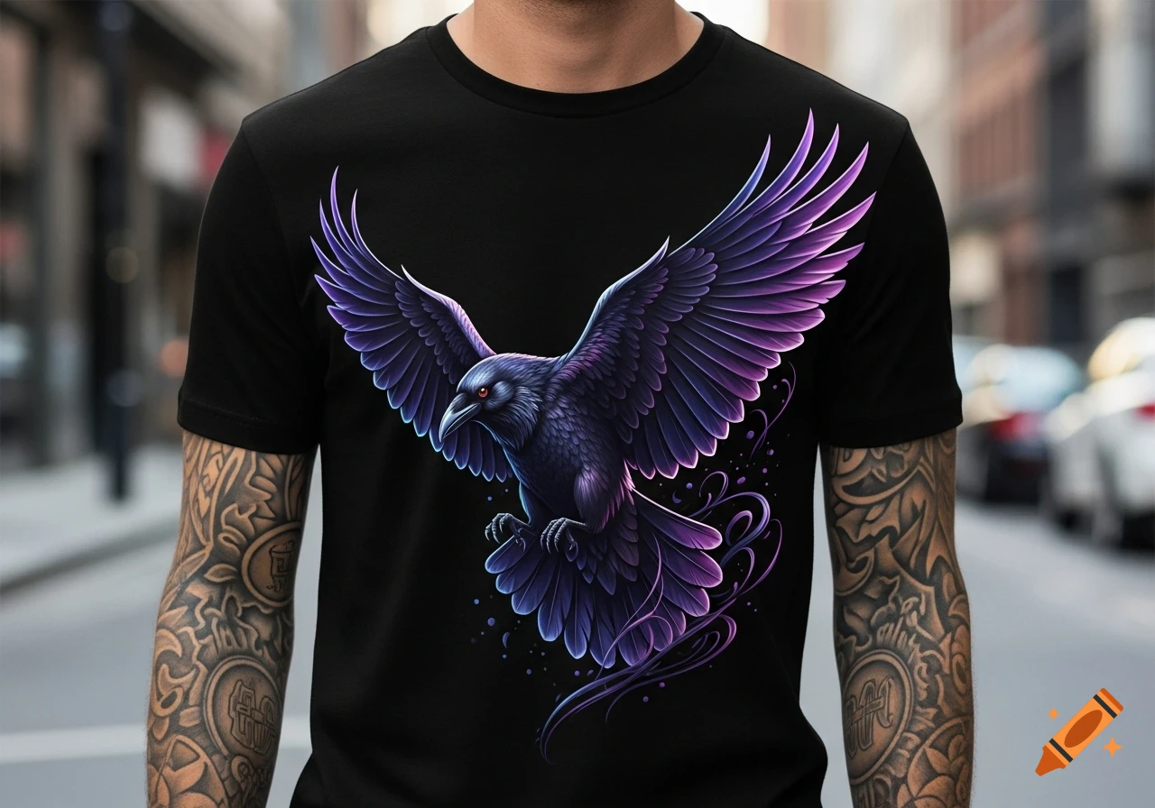 A person wearing a black t-shirt featuring a vibrant purple and blue stylized raven with outstretched wings, revealing intricately tattooed arms.