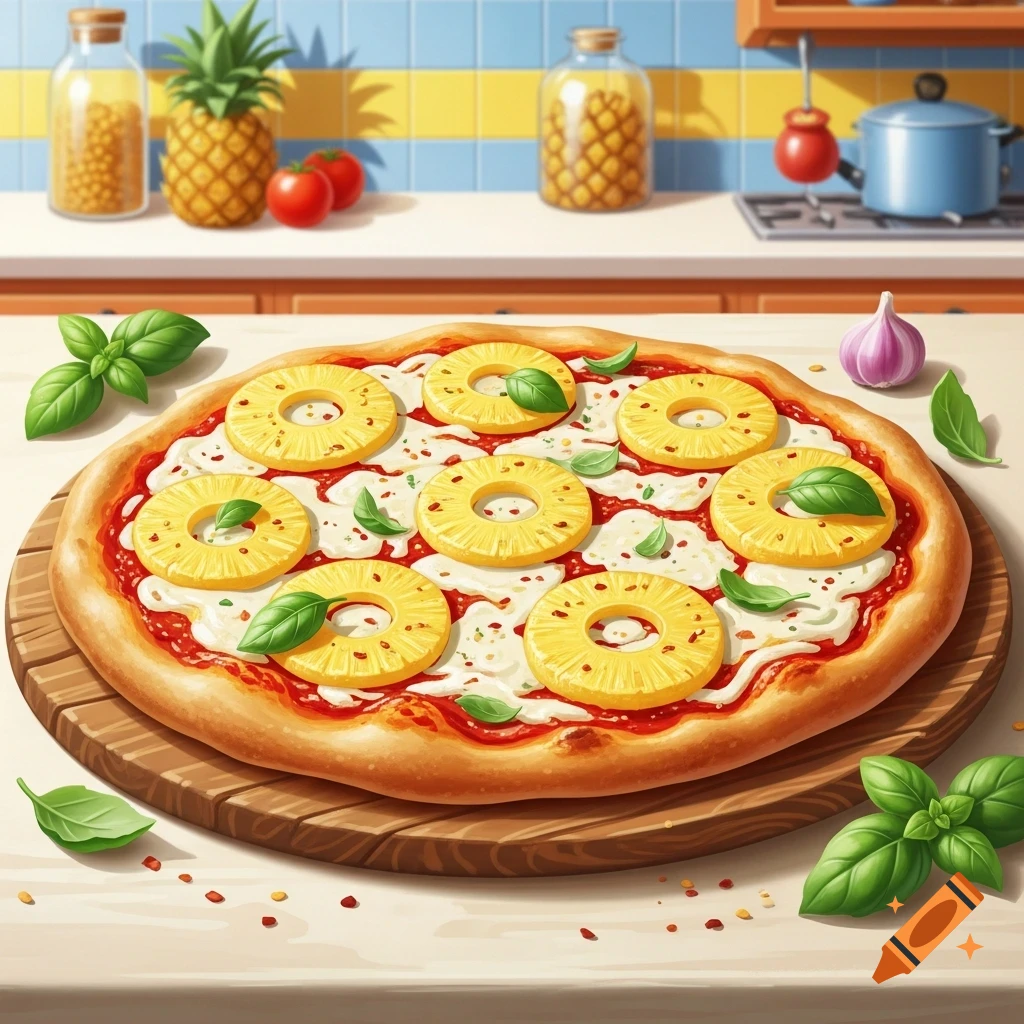 A vibrant, cartoonish pineapple pizza with basil leaves on a wooden board in a sunny kitchen.