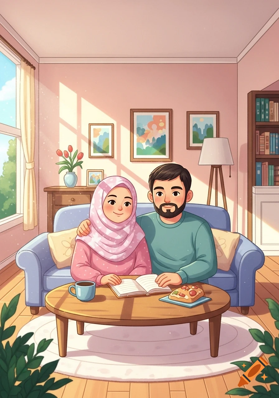 Cartoon illustration of a smiling Muslim couple sitting on a blue couch in a cozy living room, reading a book on a coffee table.