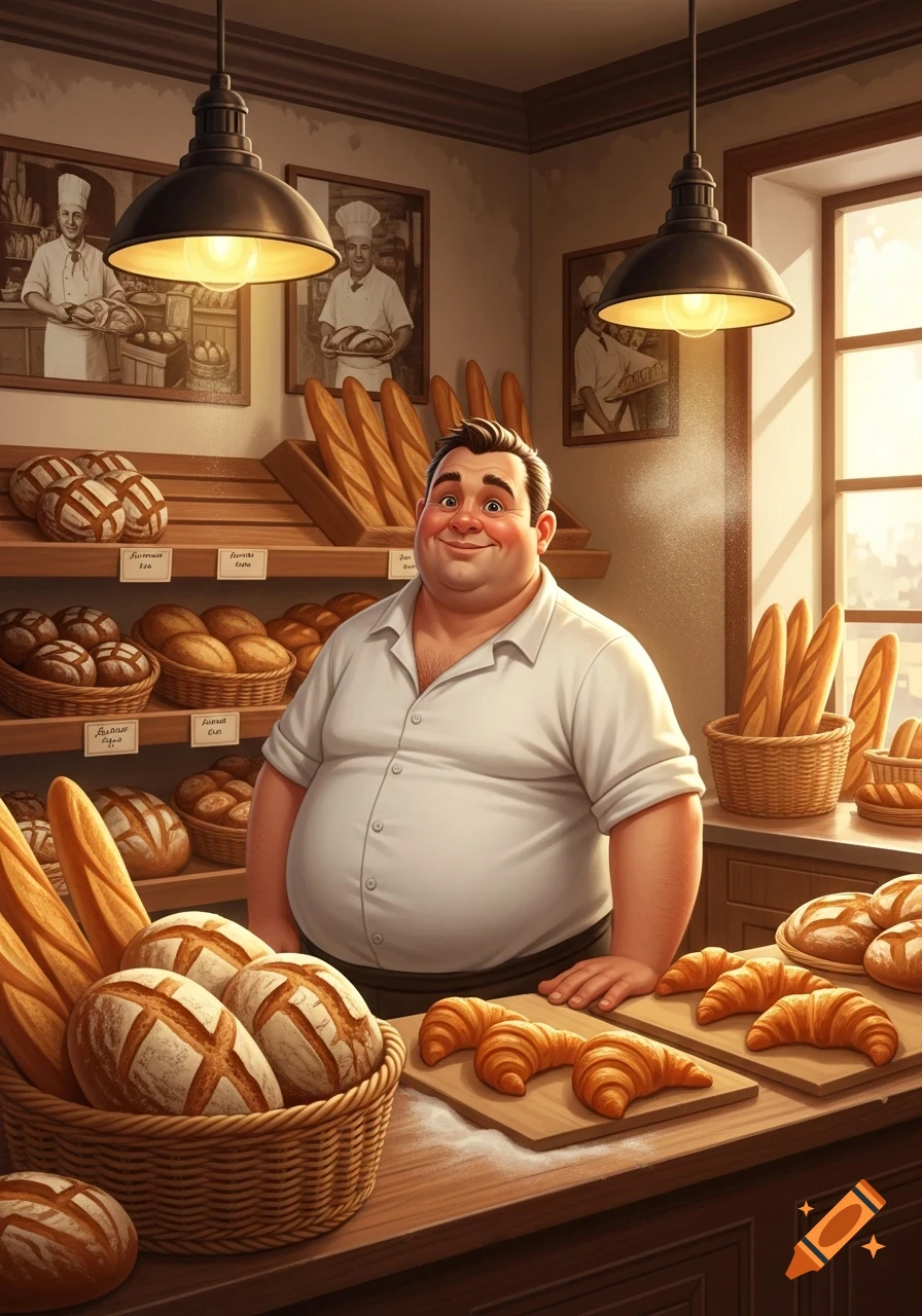 A cartoonish, smiling, corpulent male baker in a white shirt stands behind a counter laden with bread and croissants in a warm, brightly lit bakery.