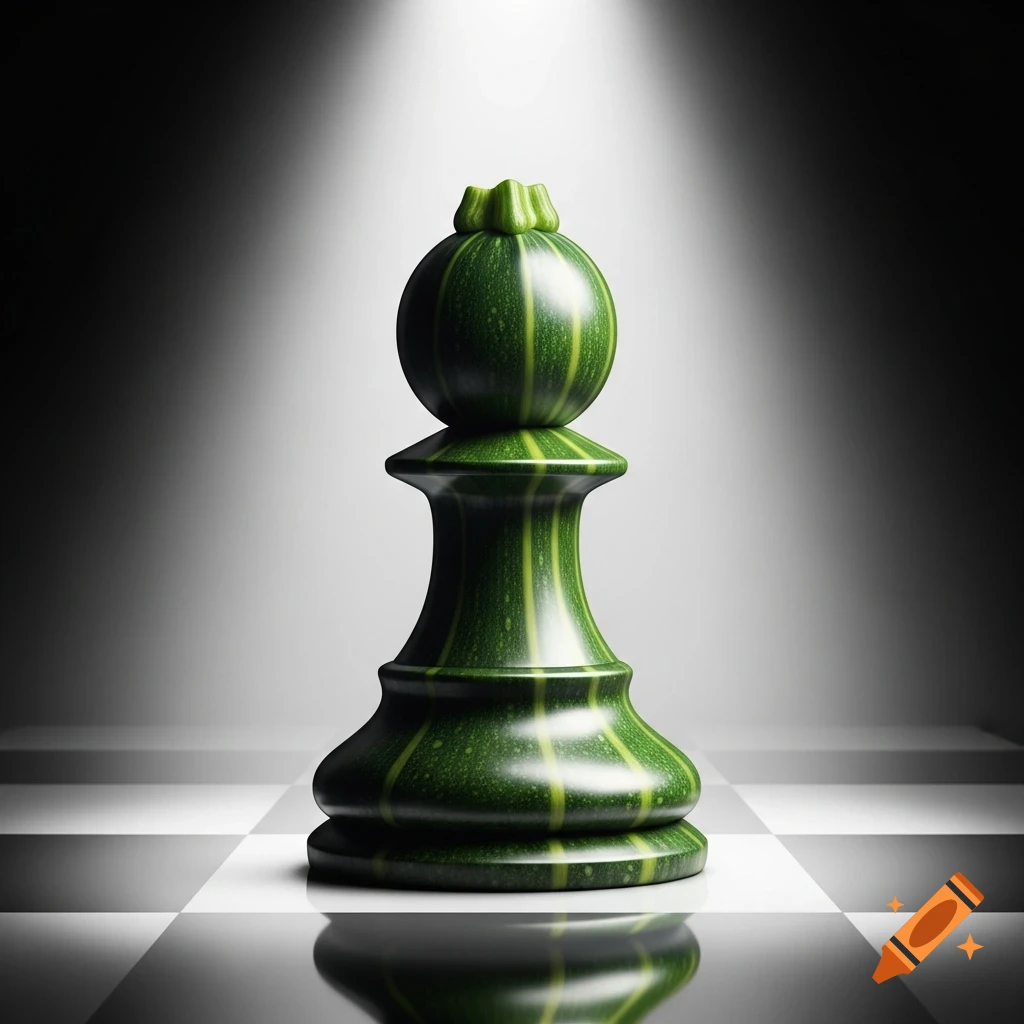 A chess bishop piece crafted from a green striped vegetable, illuminated by a spotlight on a chessboard.