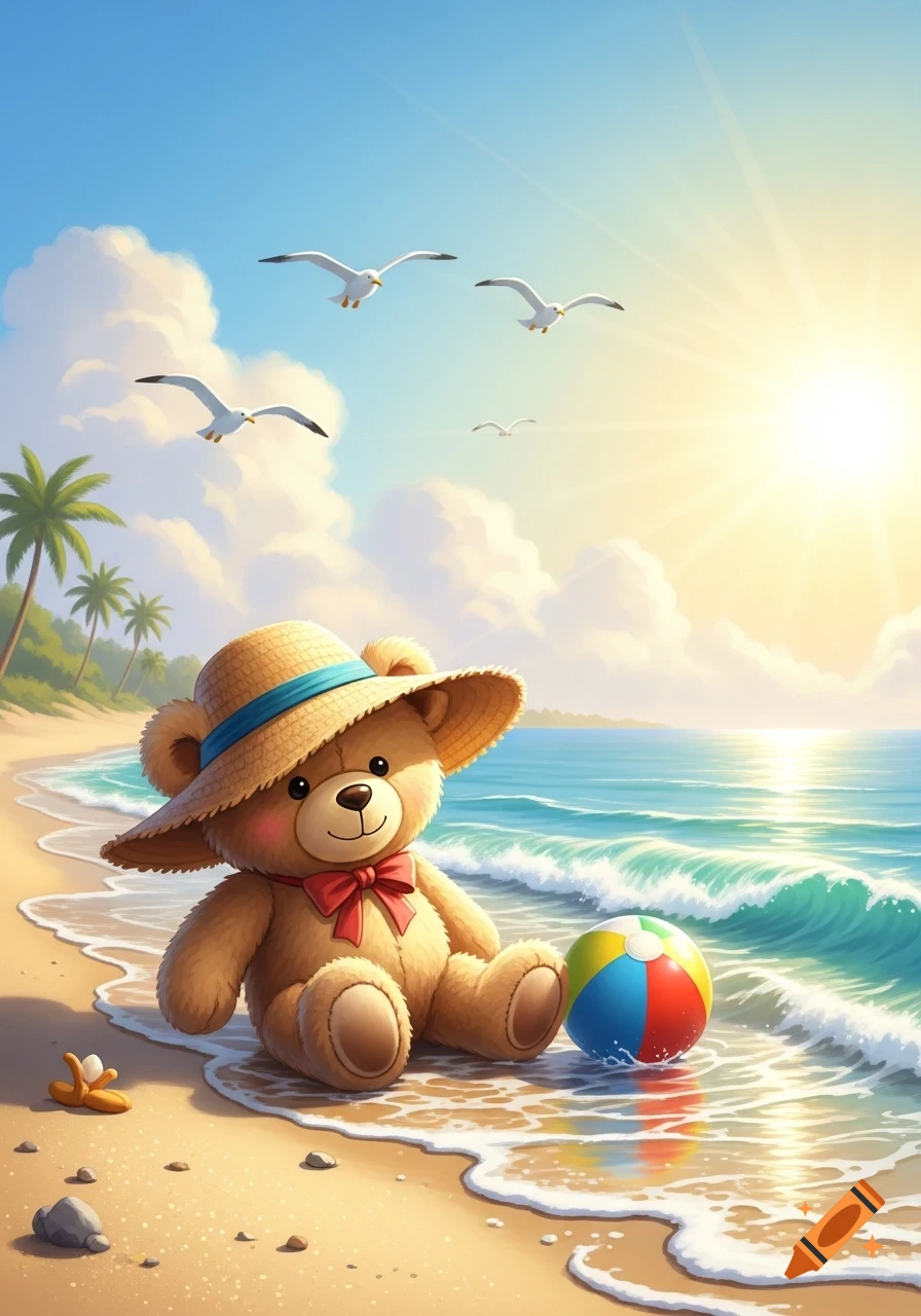 A cute cartoon teddy bear in a straw hat sits on a sunny beach by the ocean, with a beach ball and seagulls flying.
