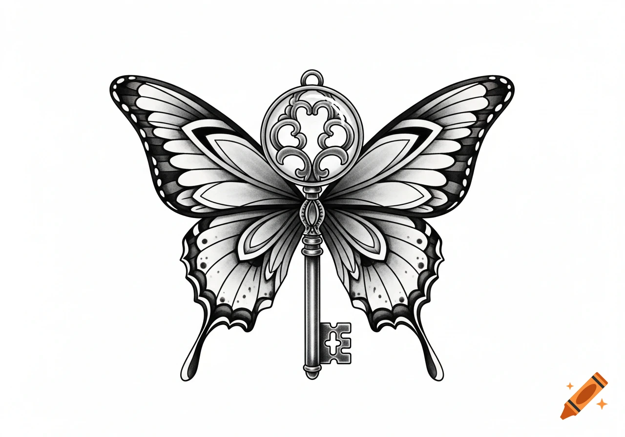 A black and white illustration in a tattoo drawing style depicting a butterfly with an ornate, old-fashioned key as its body.