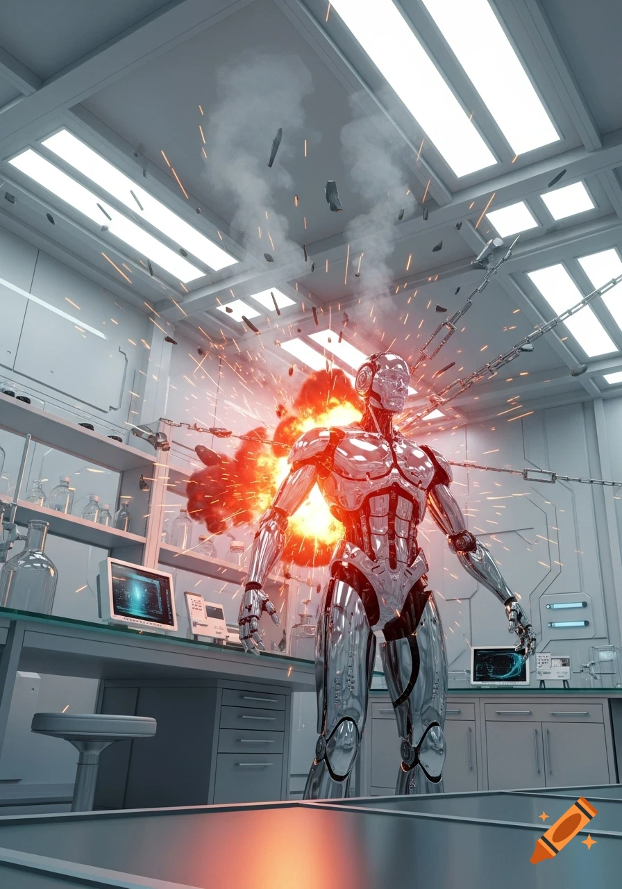 A chrome robot stands in a sterile white science lab amidst a fiery explosion, sending sparks and debris flying. Photorealistic style.