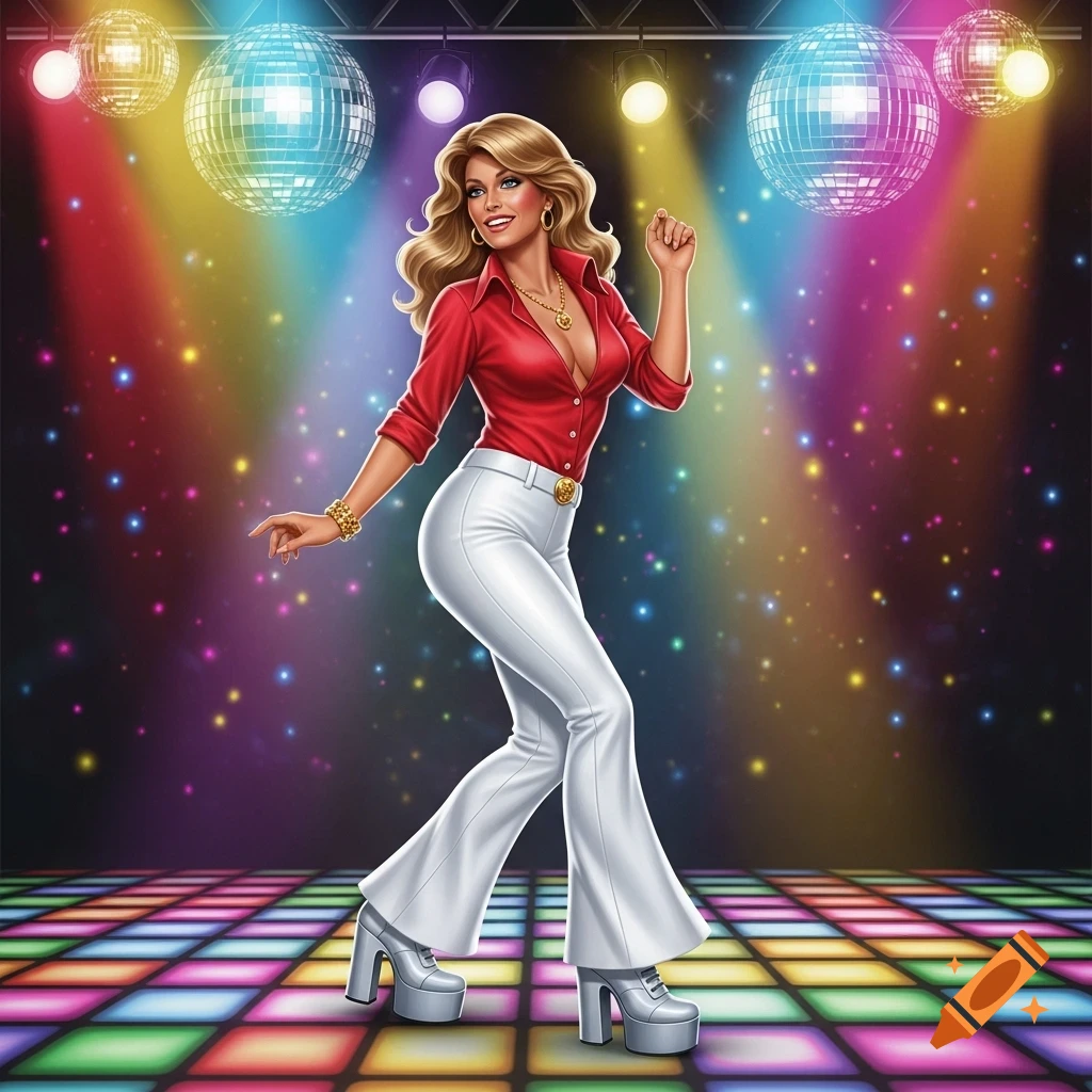 A glamorous 70s disco woman with a Farrah Fawcett hairdo, in a red shirt and white bell-bottoms, dancing on a colorful light-up floor with disco balls overhead.
