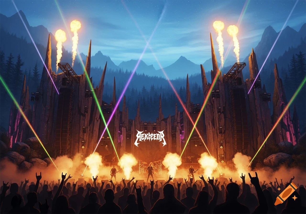 A heavy metal band performs on an outdoor stage at dusk, illuminated by colorful laser lights and pyrotechnics, before a silhouetted crowd raising their hands.