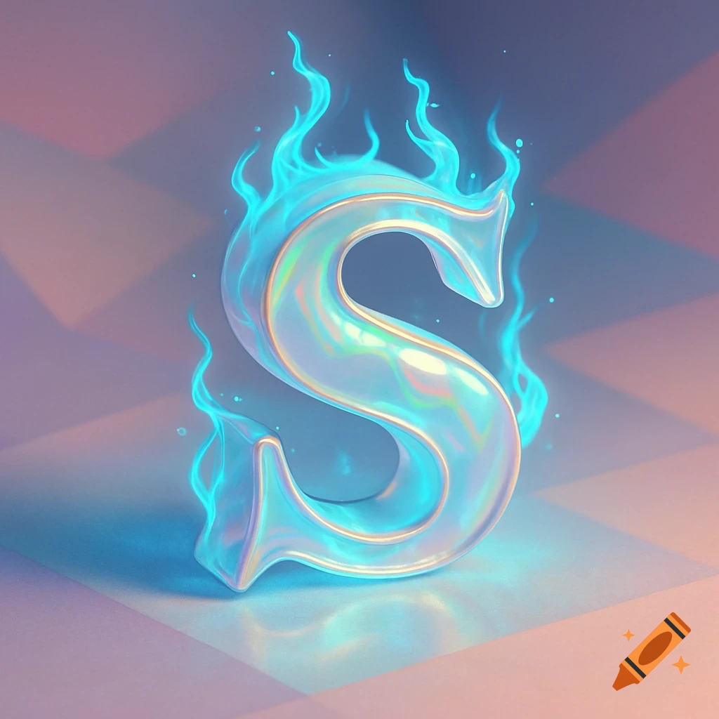 A glowing, iridescent 3D letter 'S' surrounded by vibrant blue flames, set against a soft pastel geometric background.