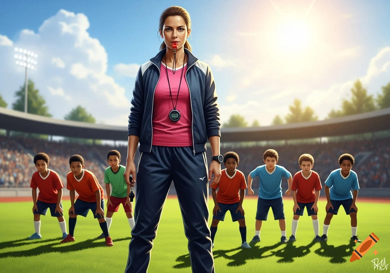 A female coach with a whistle stands on a sunny soccer field with a team of young boys in uniform behind her.