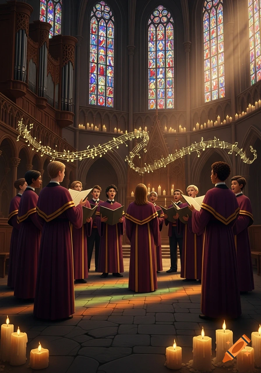 A choir in purple robes sings inside a grand church with towering stained glass windows, an organ, and numerous glowing candles.