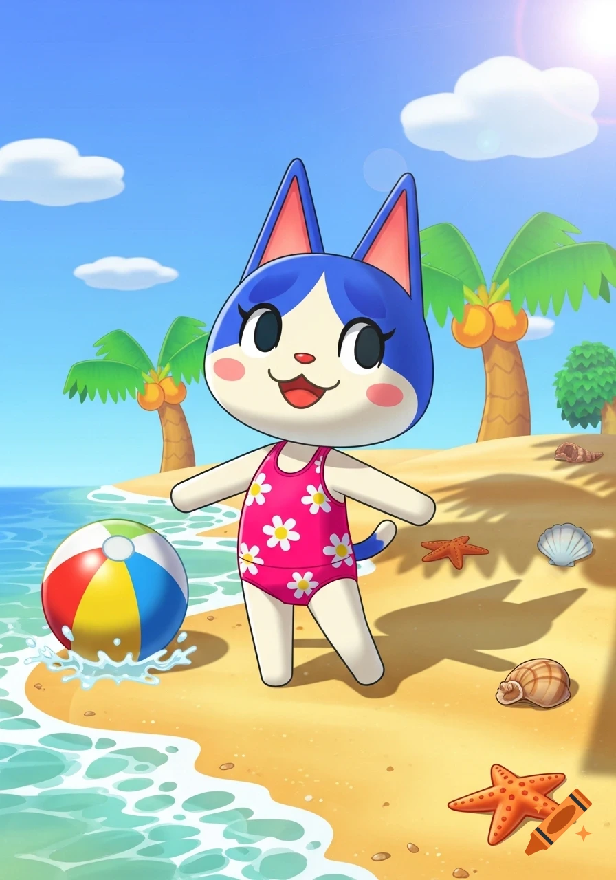 Rosie from Animal Crossing, a blue and white cat, stands on a sunny beach in a pink floral swimsuit, next to a beach ball.