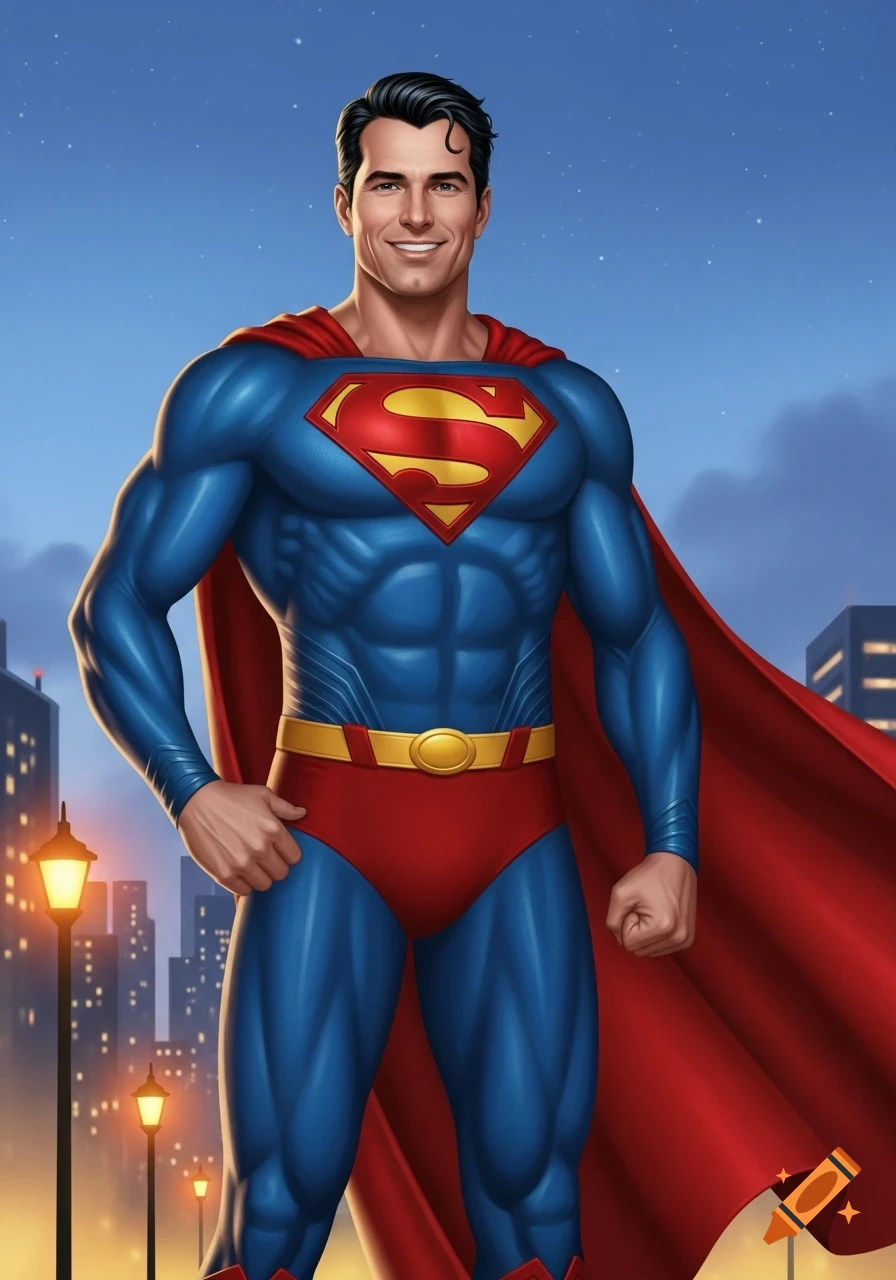 Superman in his iconic blue and red suit with a flowing red cape, smiling against a city skyline at dusk.