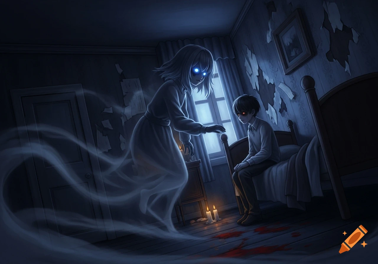 A spectral female ghost with glowing blue eyes floats towards a boy with glowing red eyes on a bed in a dark, dilapidated room.