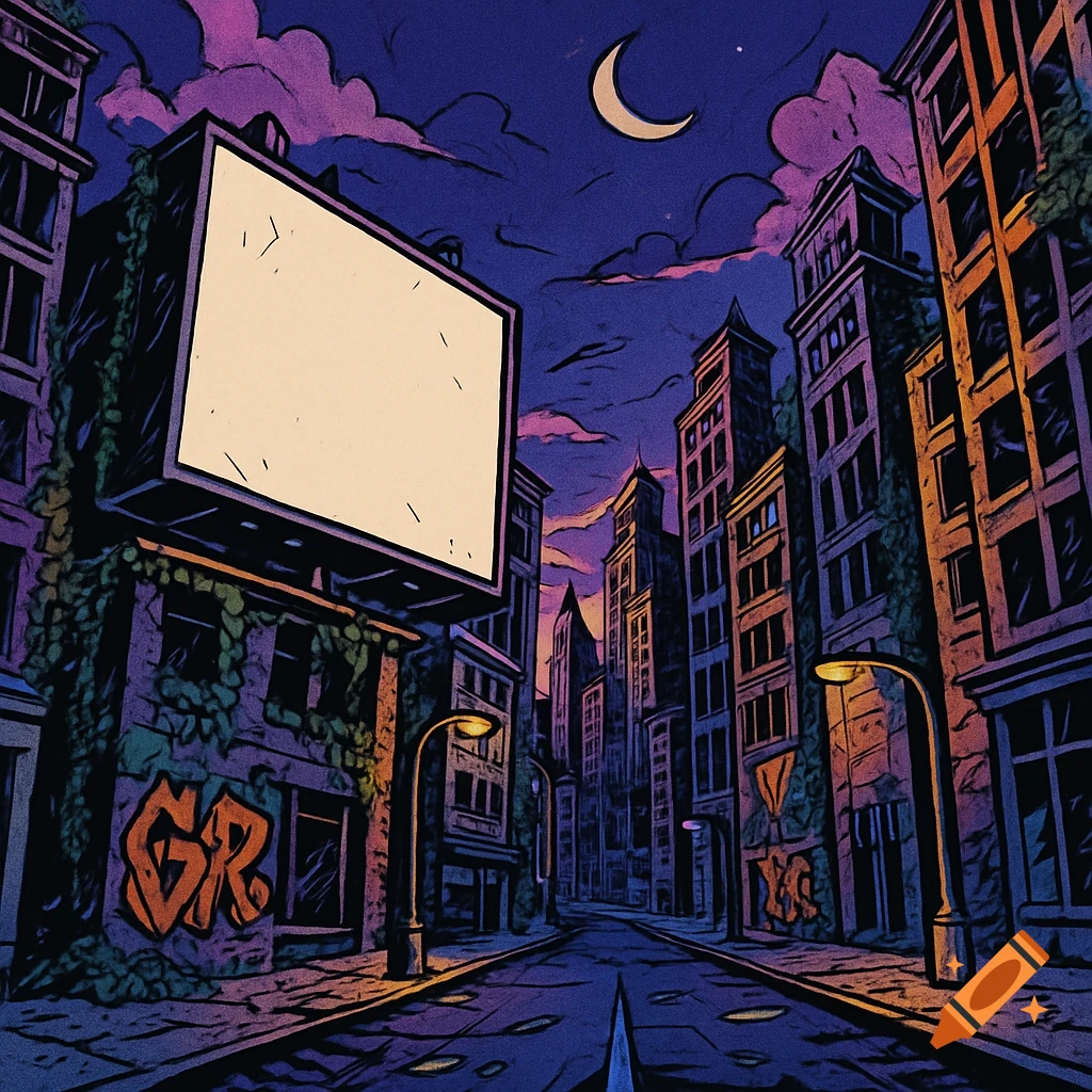 Comic book art of an abandoned city street at night with tall buildings, graffiti, and a blank billboard under a crescent moon.