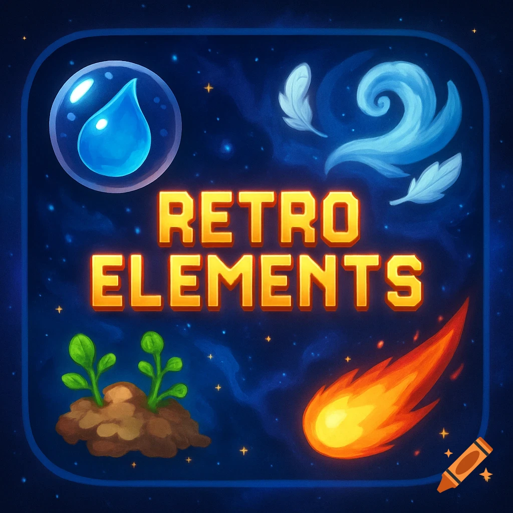 Cartoony game icon with 'RETRO ELEMENTS' text, surrounded by symbols for water, air, land, and fire on a starry space background.